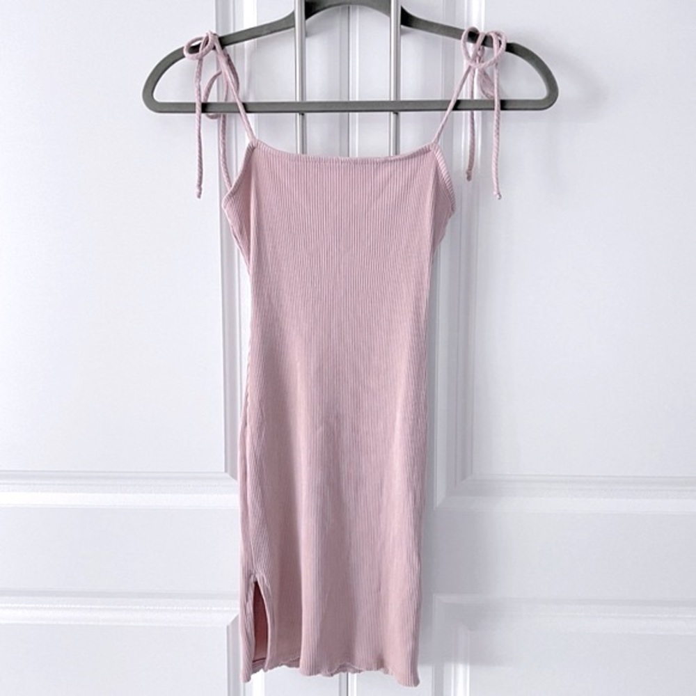 Urban Outfitters Ribbed Bodycon Tie Spaghetti Strap Mini Dress, Nude, XS